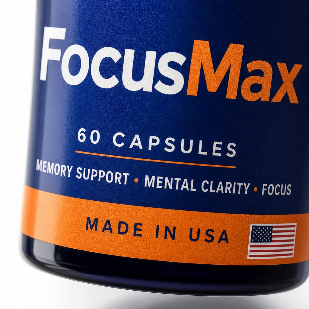 Close-up of the FocusMax label showing 60 capsules and made in USA