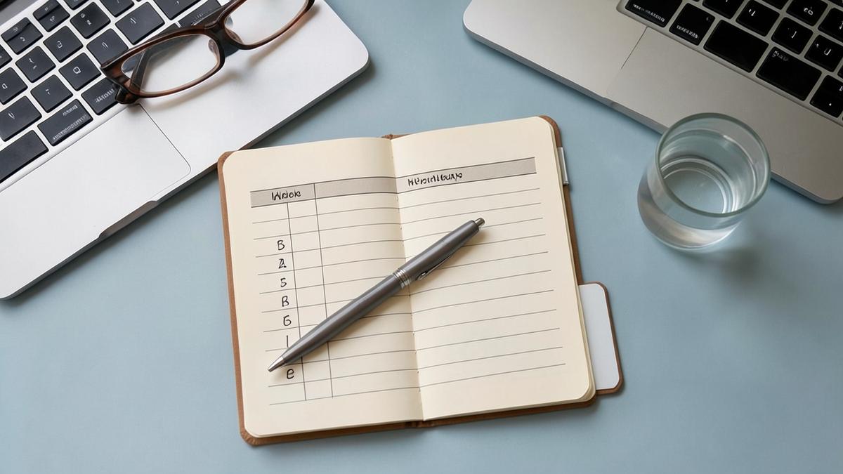 A desk from above with an open notebook, pen, reading glasses and a glass of water
