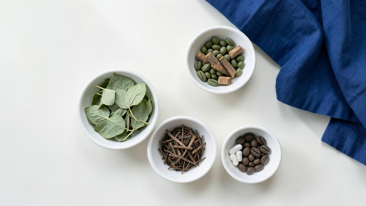 Botanical supplement ingredients in small white dishes beside two capsules