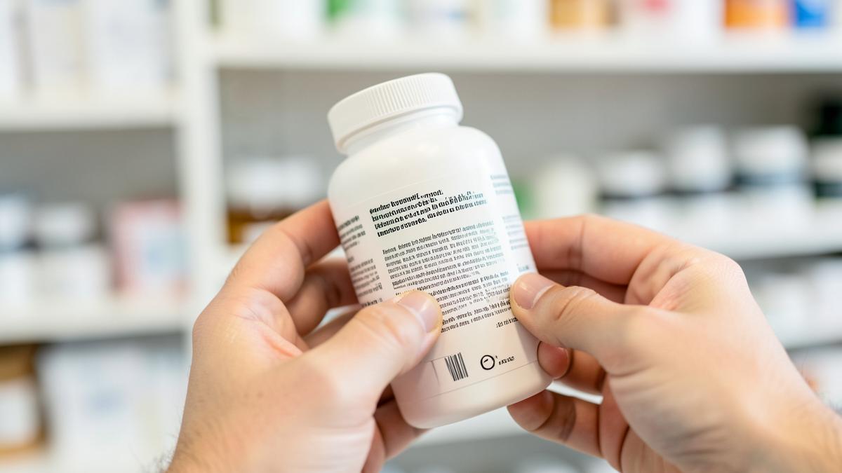 Hands reading the back label of a white supplement bottle in a pharmacy aisle