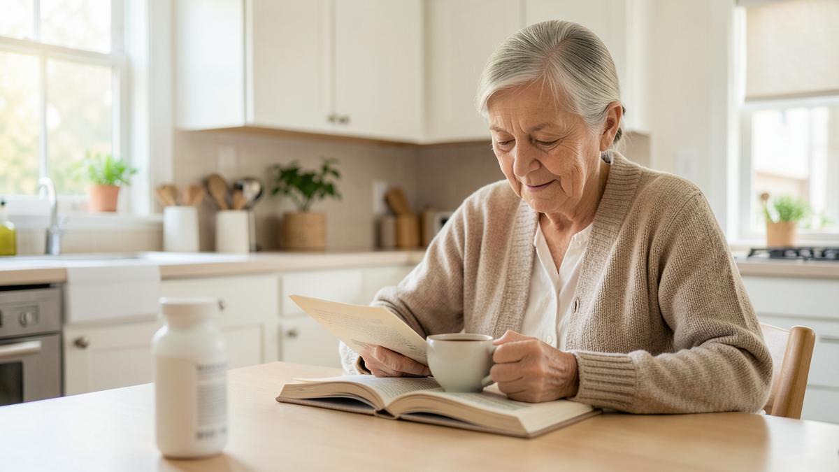 An adult reading at a bright kitchen table in the morning with a supplement bottle nearby